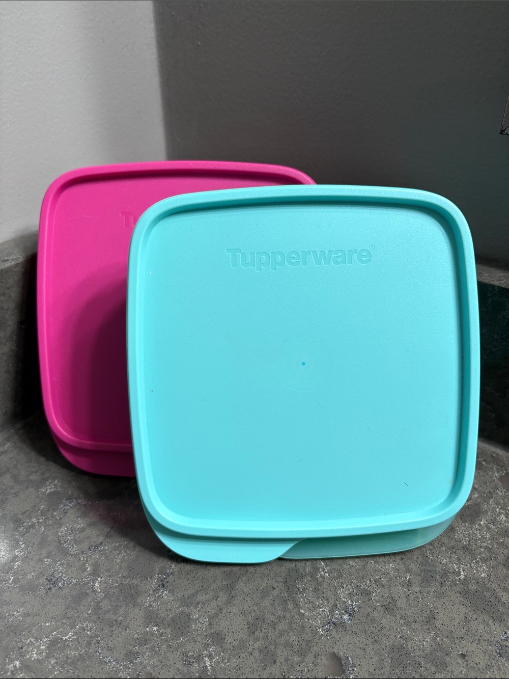 Tupperware Bright Aqua and Hot Pink Square Food Containers.